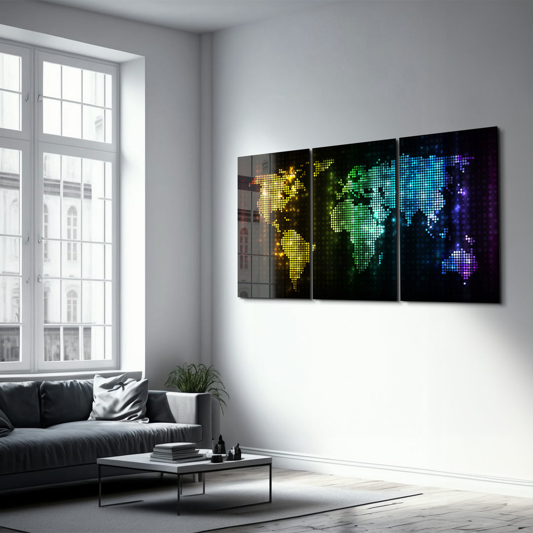 ・"World Map Dot Design - Trio"・Glass Wall Art