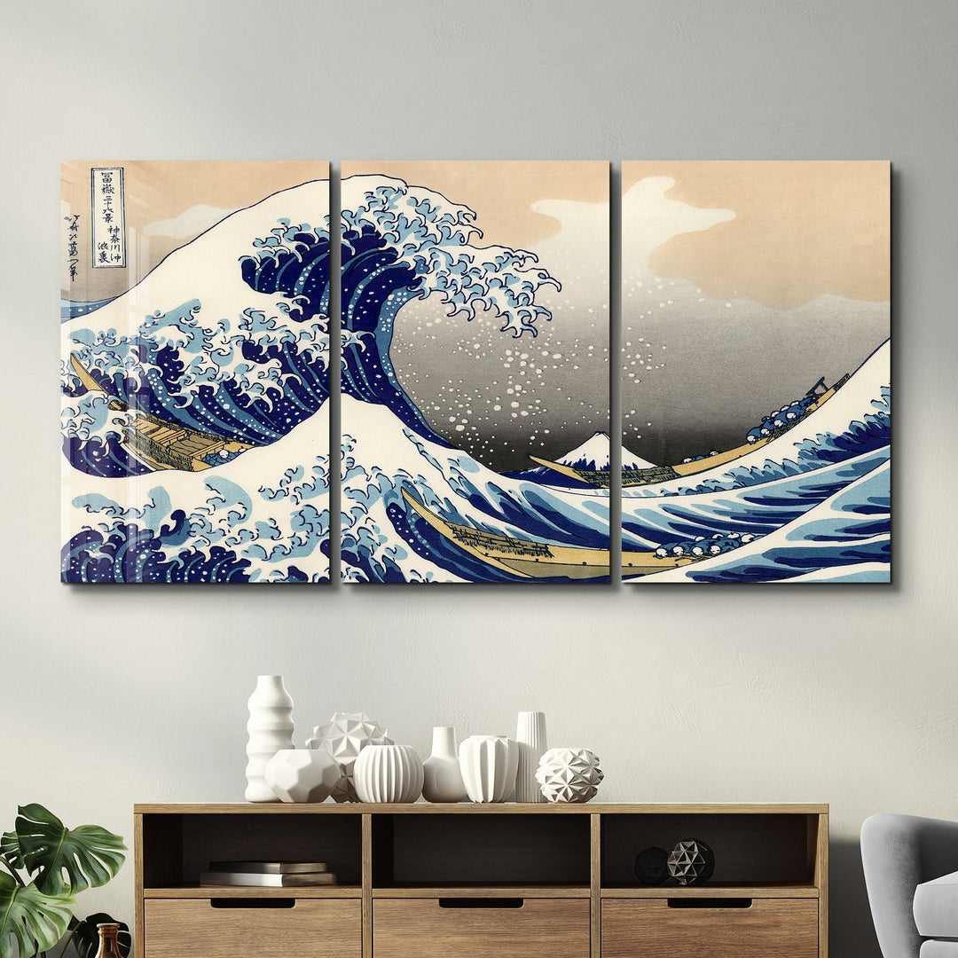 ・"THE GREAT WAVE OFF KANAGAWA (1829) BY HOKUSAI- Trio"・Glass Wall Art