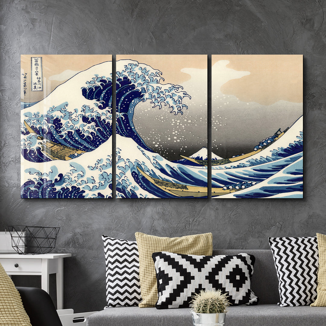 ・"THE GREAT WAVE OFF KANAGAWA (1829) BY HOKUSAI- Trio"・Glass Wall Art