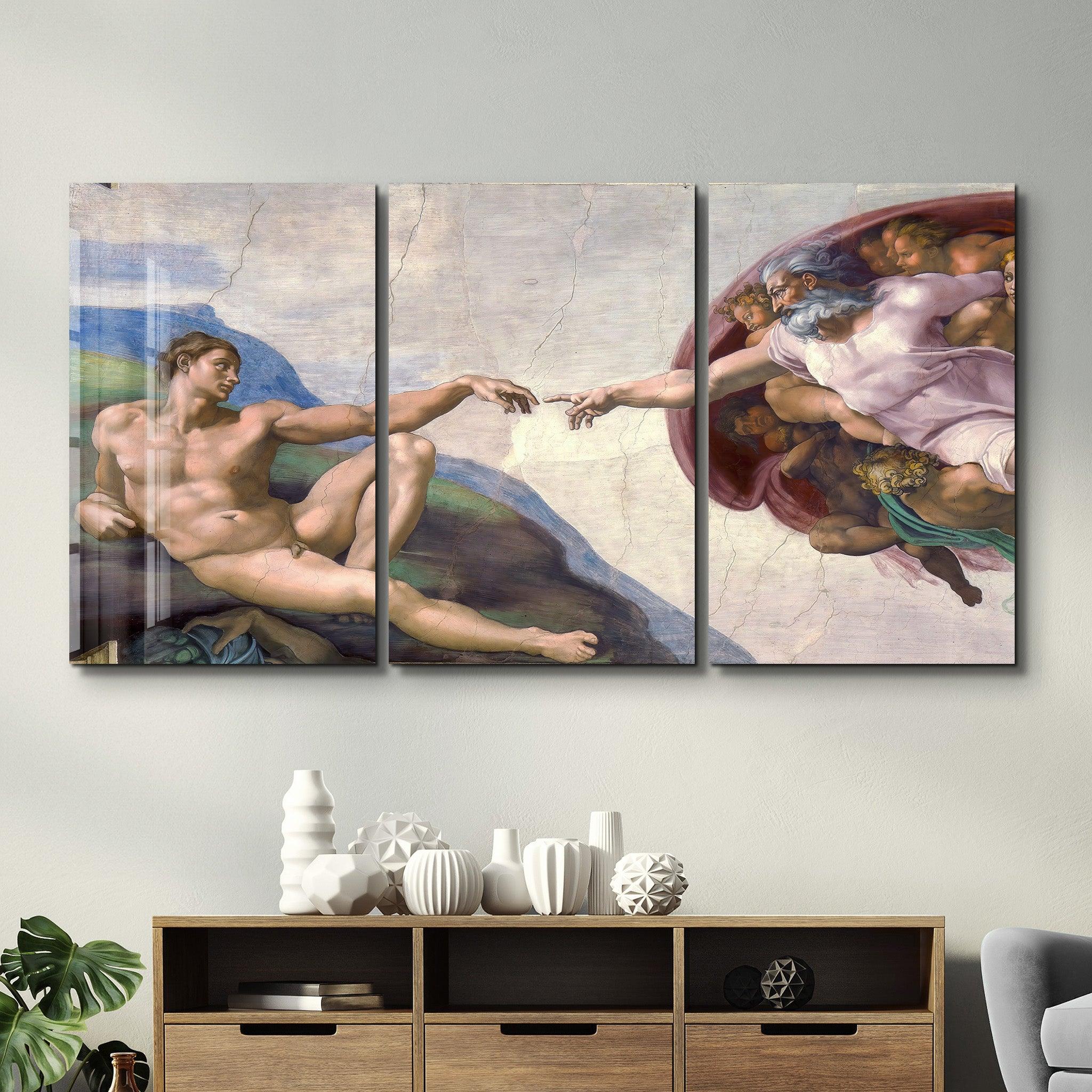 ・"Michelangelo - The Creation of Adam - Trio"・Glass Wall Art - ArtDesigna Glass Printing Wall Art