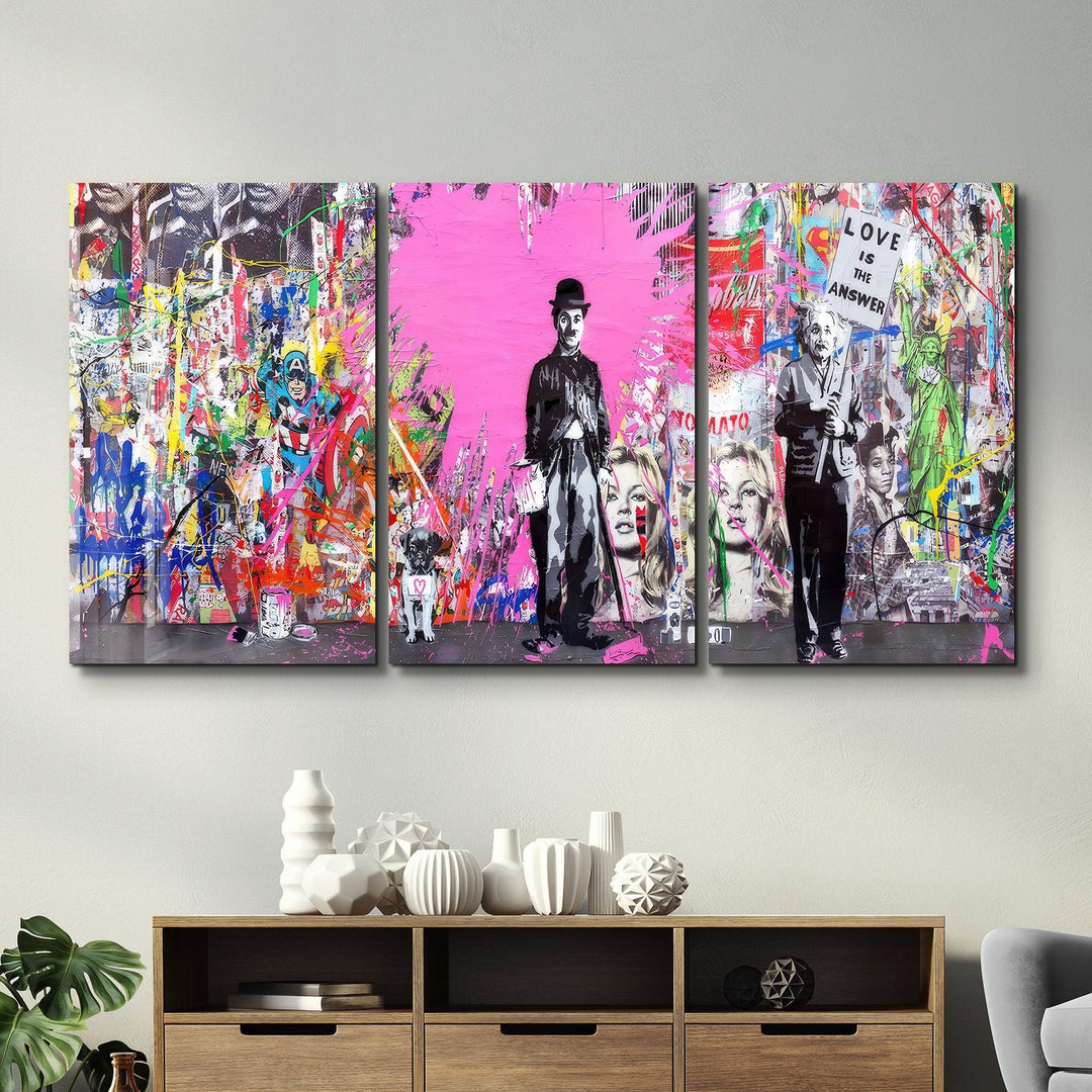 ・" BANKSY Pink Love - Trio"・Glass Wall Art