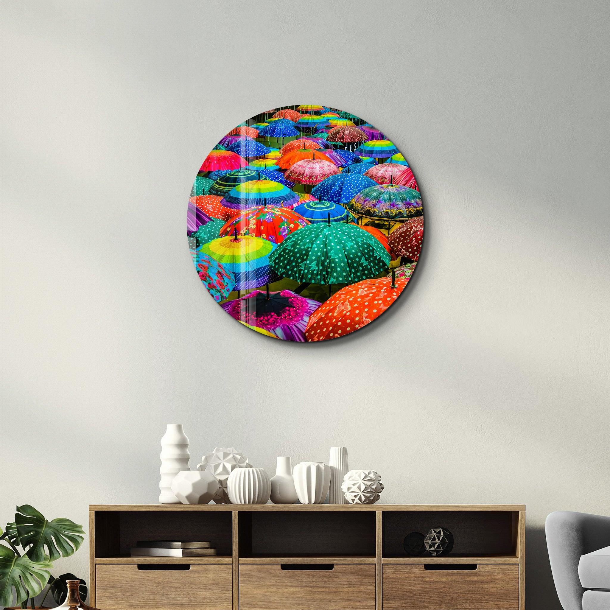 ・"Colorful Umbrellas"・Rounded Glass Wall Art - ArtDesigna Glass Printing Wall Art