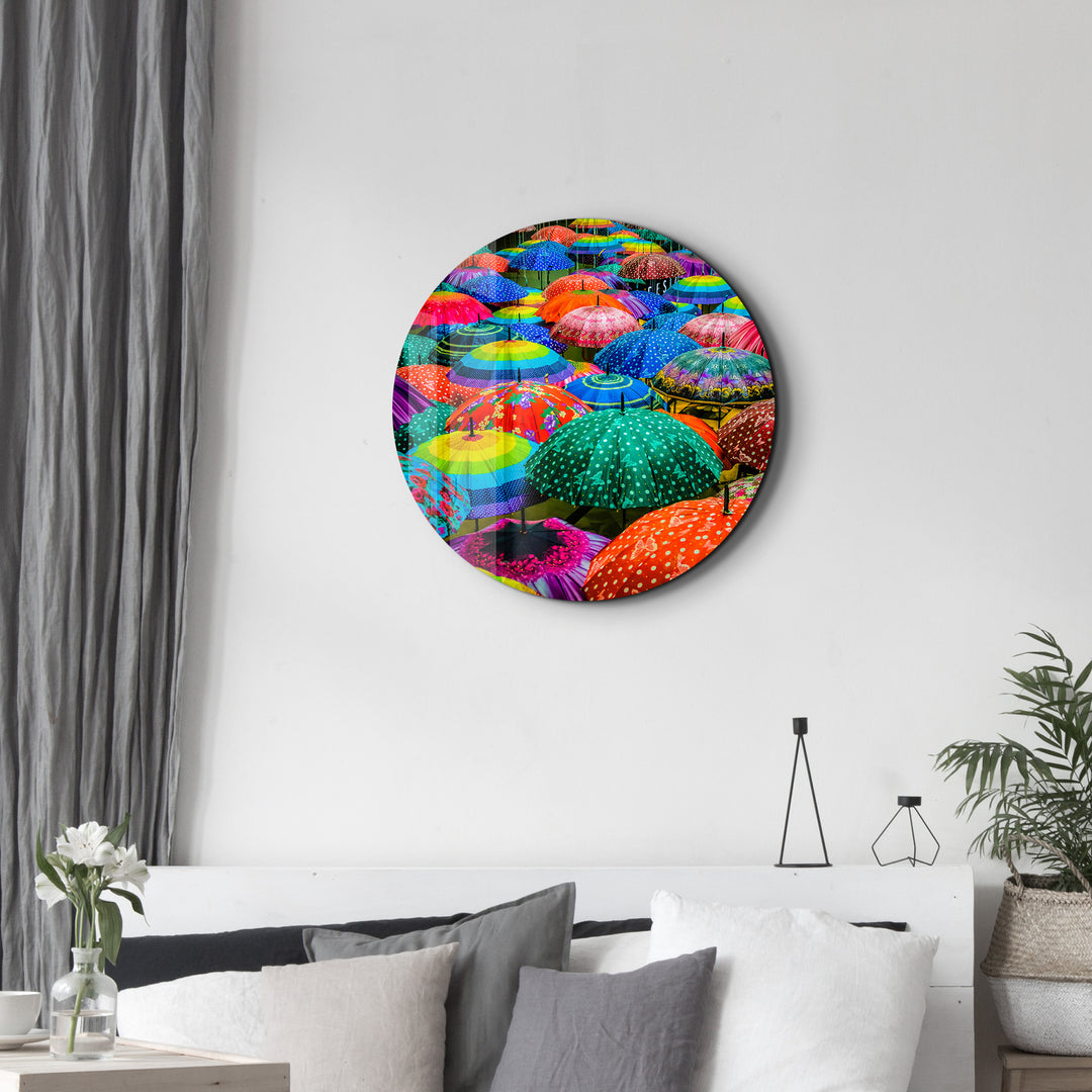 ・"Colorful Umbrellas"・Rounded Glass Wall Art
