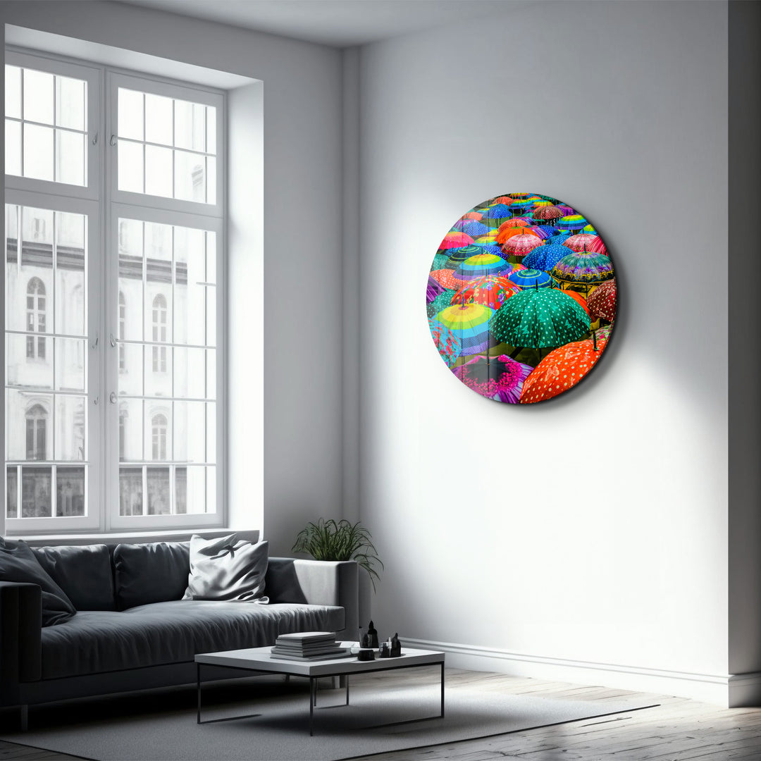 ・"Colorful Umbrellas"・Rounded Glass Wall Art