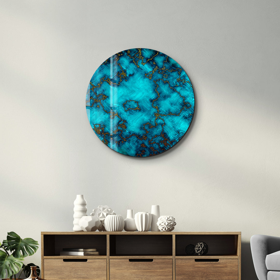 ・"Gold on Blue Abstract"・Rounded Glass Wall Art