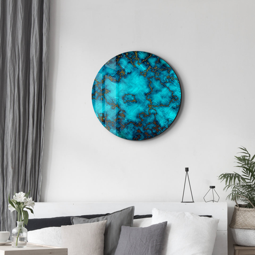 ・"Gold on Blue Abstract"・Rounded Glass Wall Art
