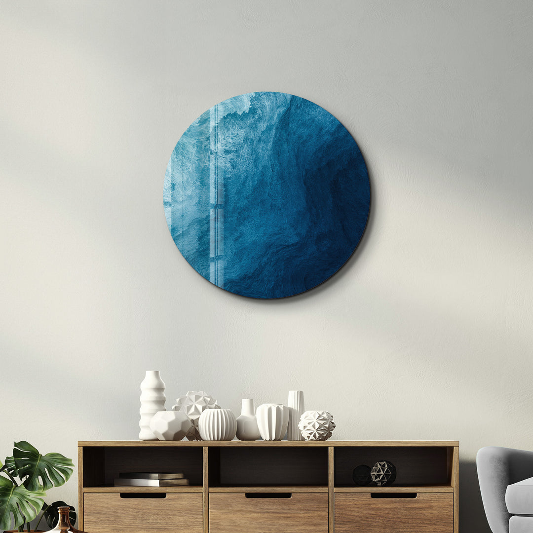 ・"Blue Paint Waves 2"・Rounded Glass Wall Art