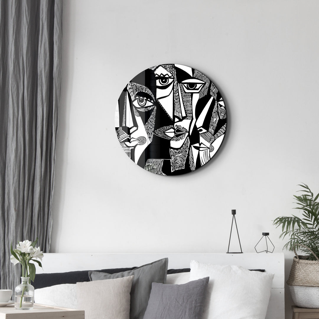 ・"African Faces Black and White"・Rounded Glass Wall Art