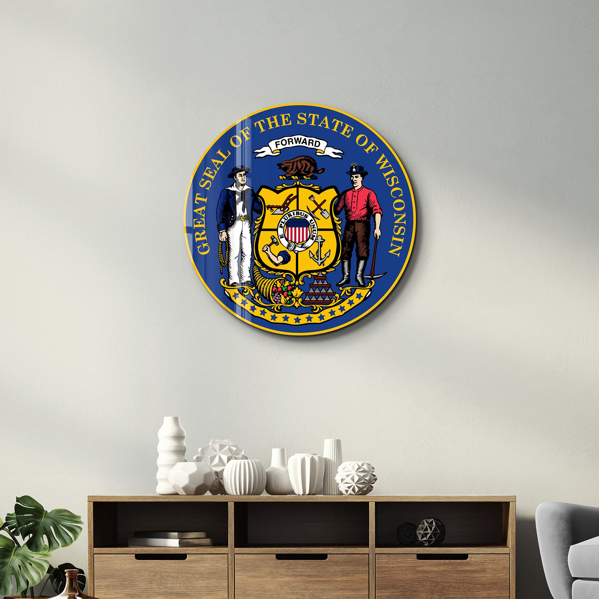 Wisconsin Seal – Round Glass Wall Art