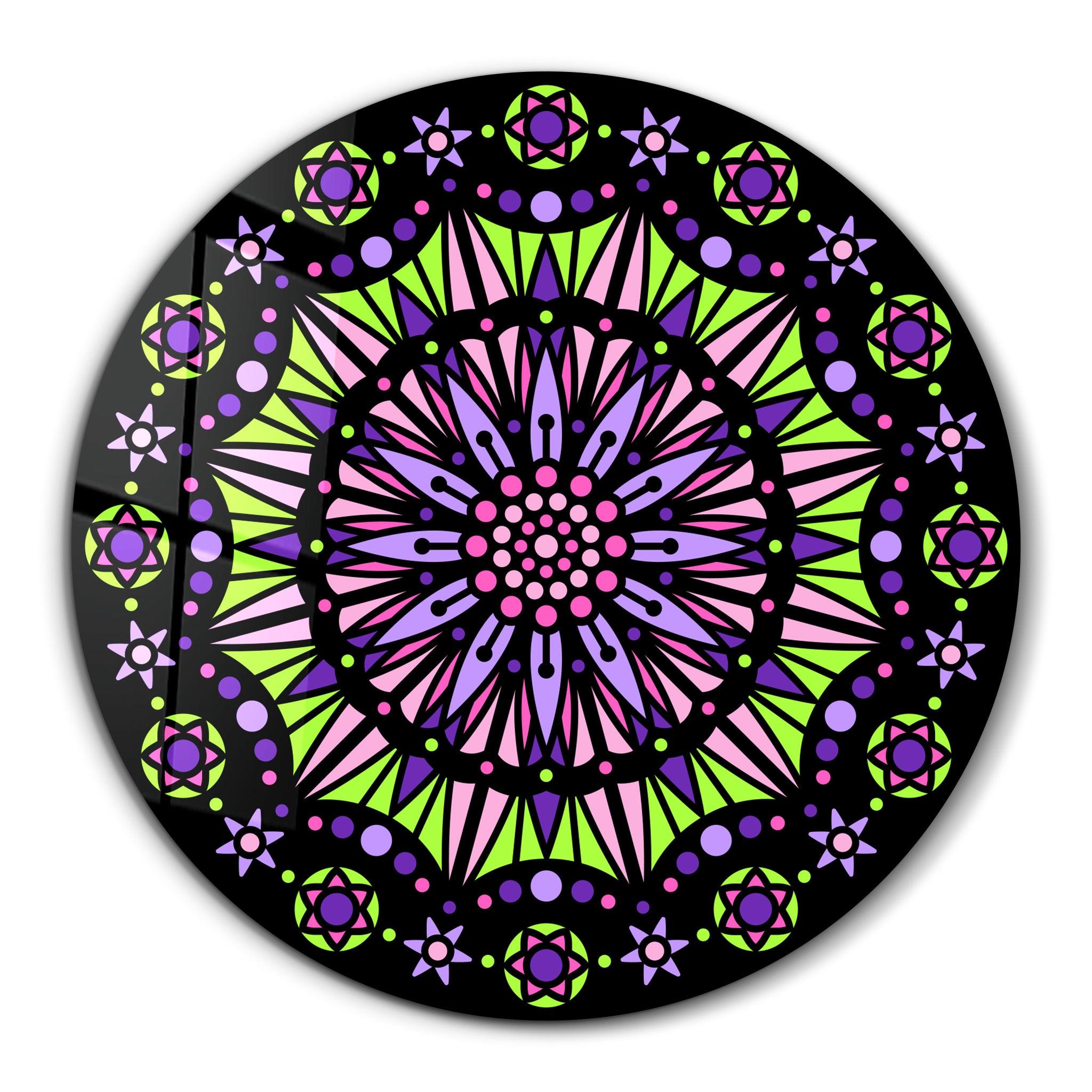 Neon Mandala Harmony | Rounded Glass Wall Art