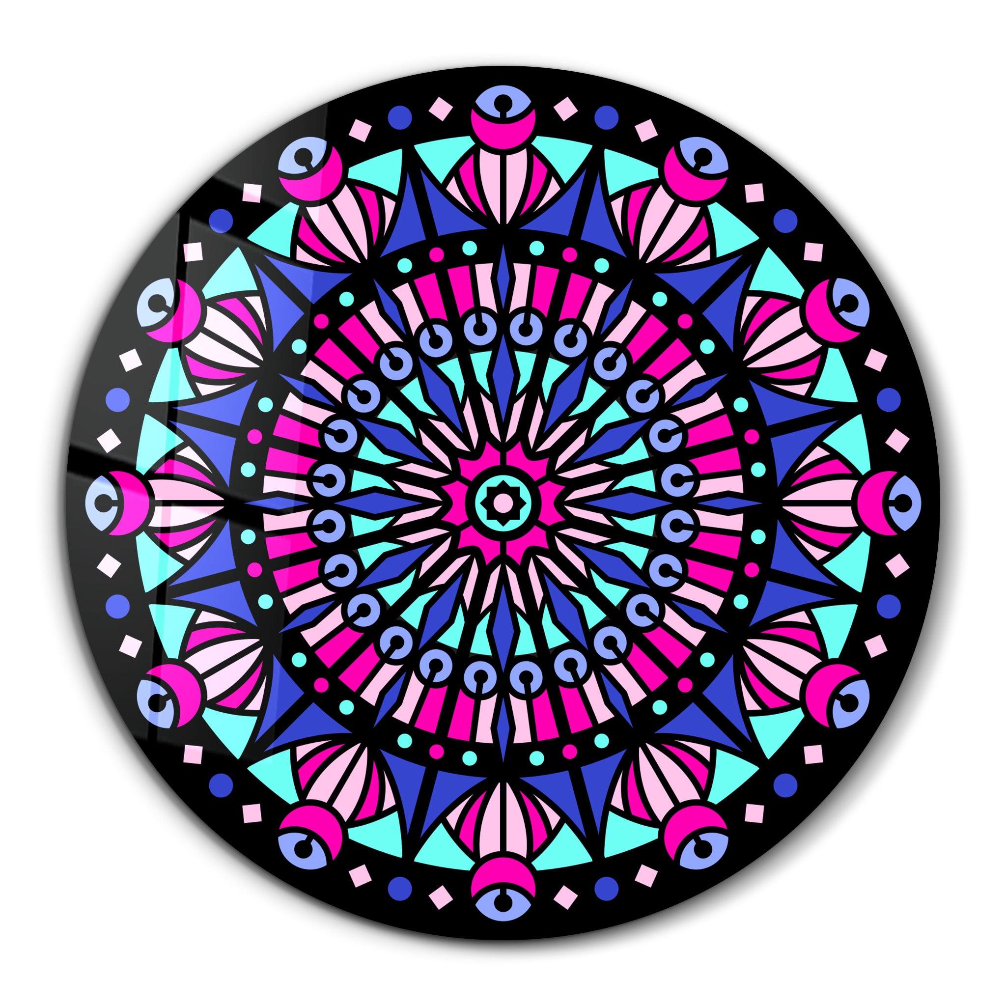 Neon Mandala Harmony 3 | Rounded Glass Wall Art