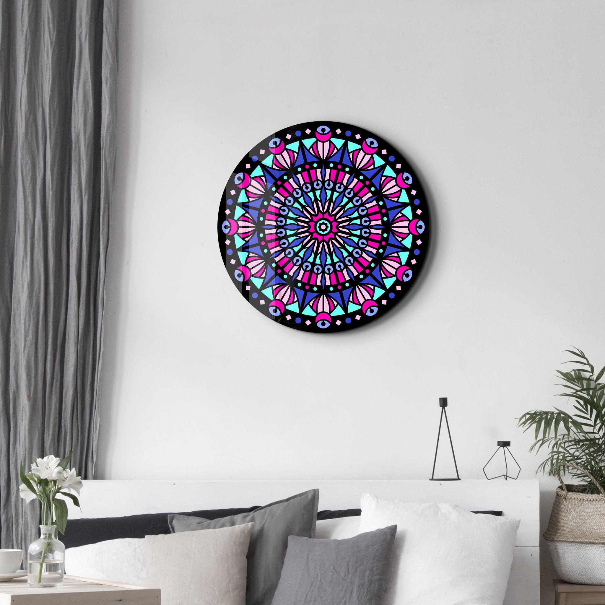 Neon Mandala Harmony 3 | Rounded Glass Wall Art