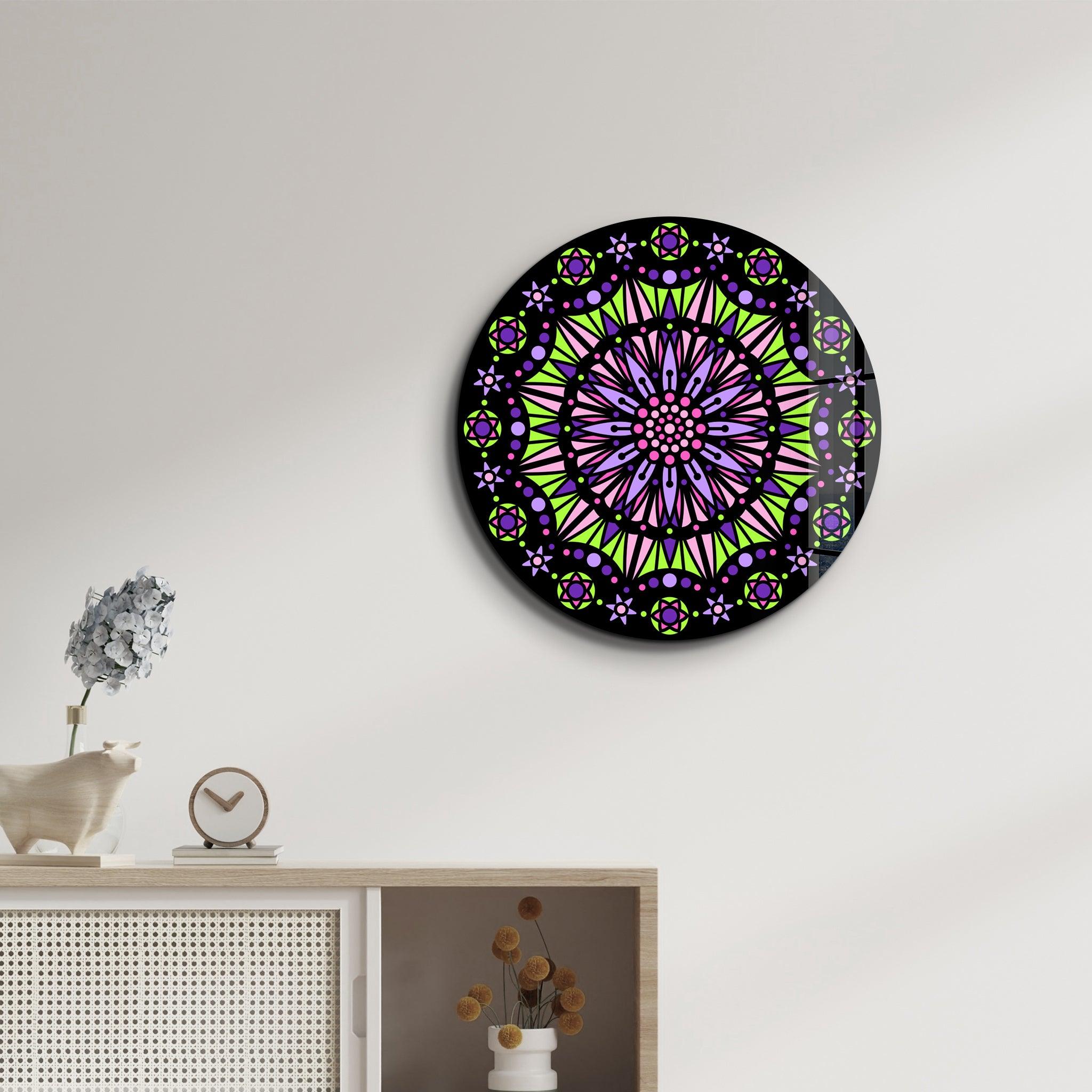 Neon Mandala Harmony | Rounded Glass Wall Art