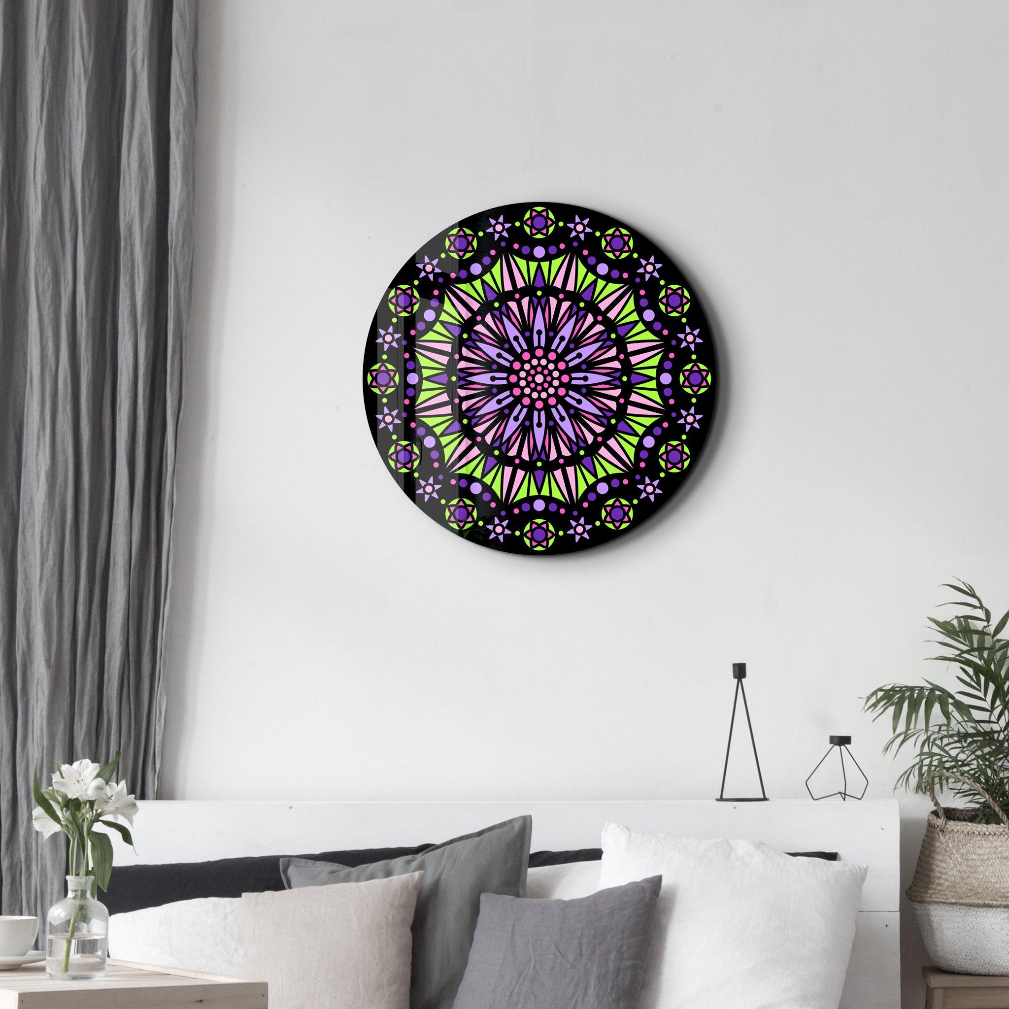 Neon Mandala Harmony | Rounded Glass Wall Art