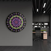 Neon Mandala Harmony | Rounded Glass Wall Art