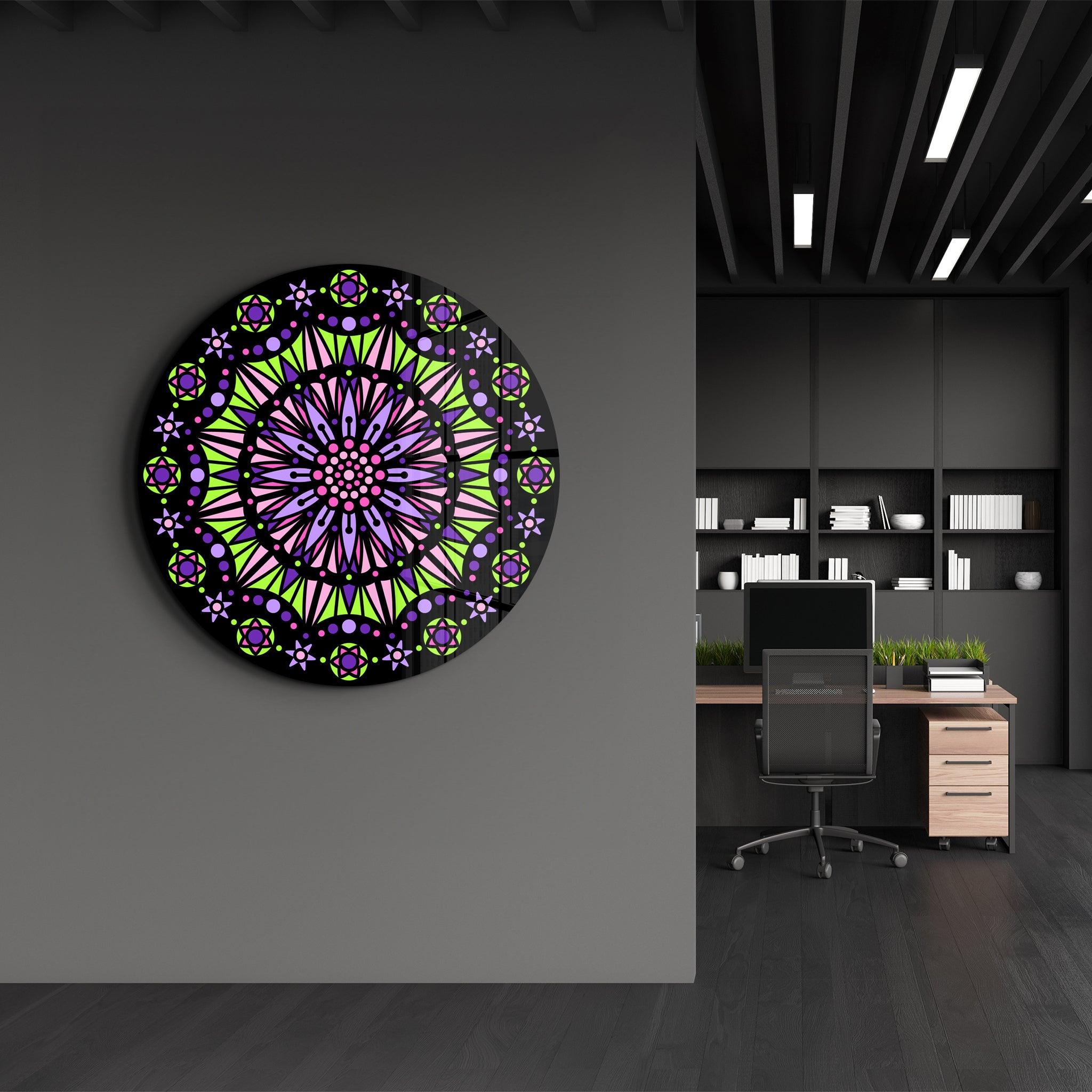 Neon Mandala Harmony | Rounded Glass Wall Art