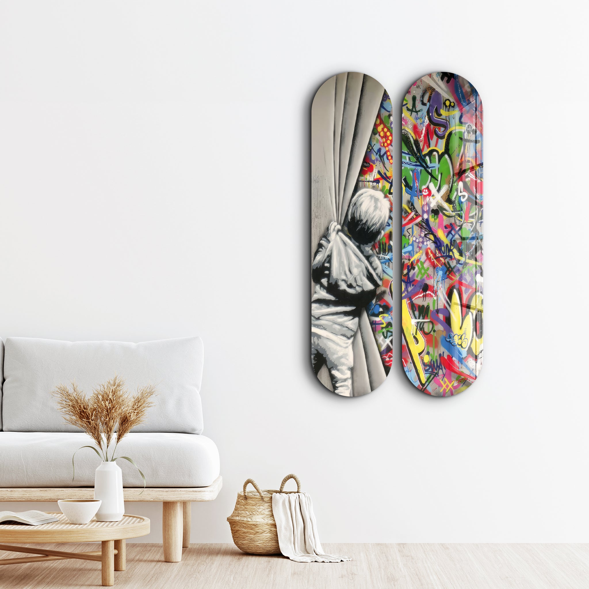 BANKSY - Pull Back the Curtain Skateboard | Glass Wall Art