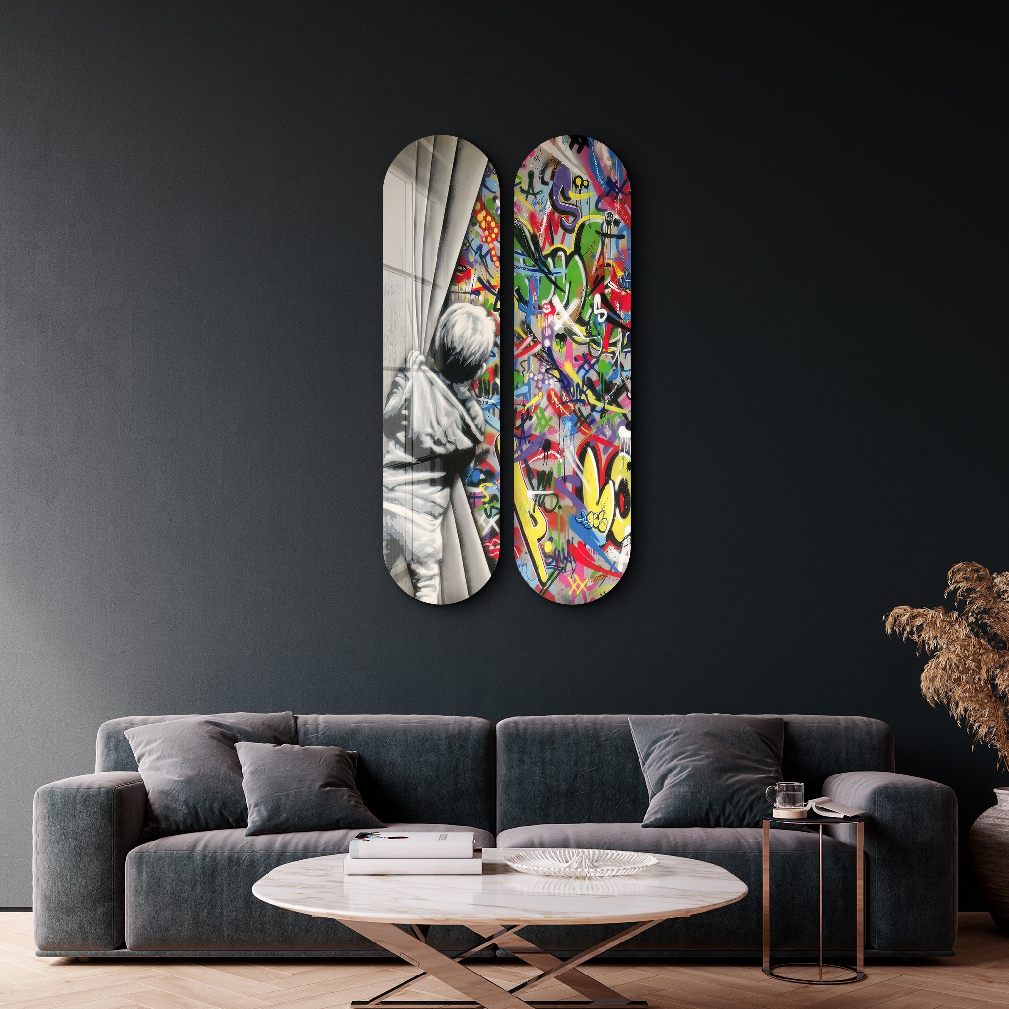 BANKSY - Pull Back the Curtain Skateboard | Glass Wall Art