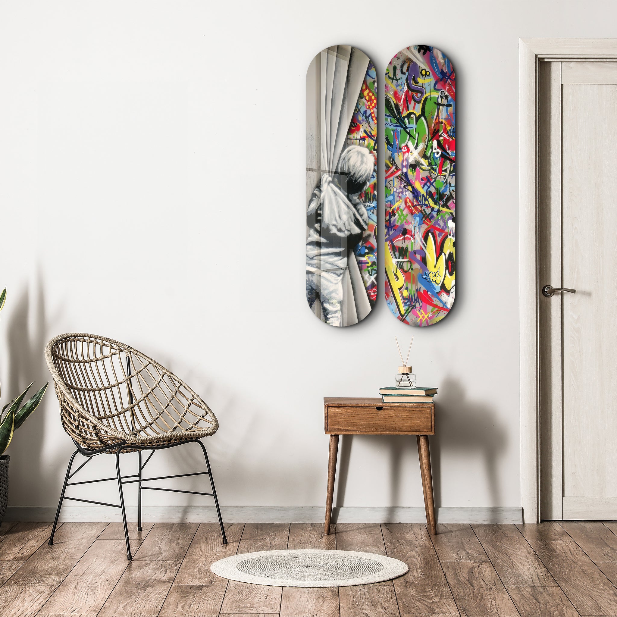 BANKSY - Pull Back the Curtain Skateboard | Glass Wall Art