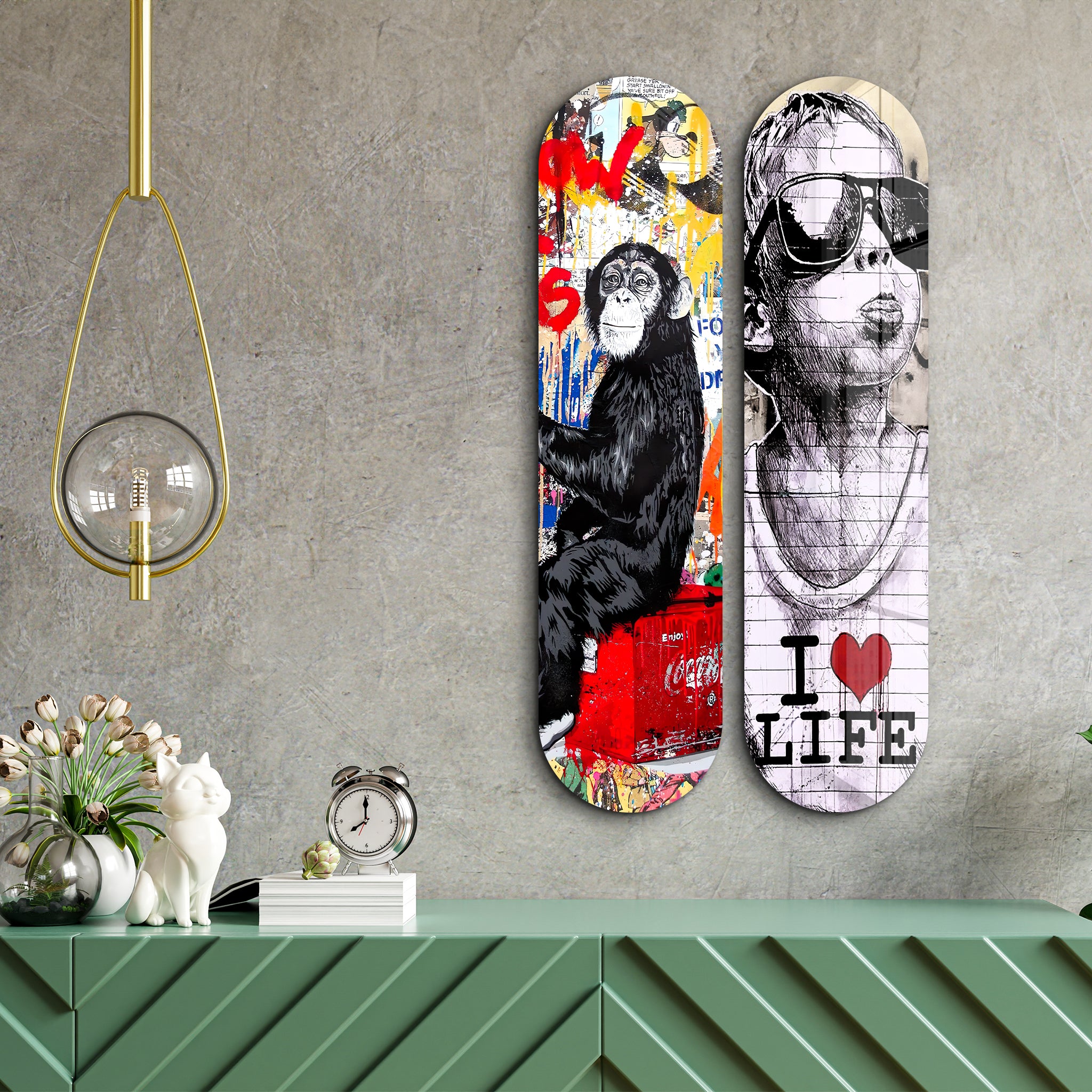 I love Life Banksy Skateboard | Glass Wall Art