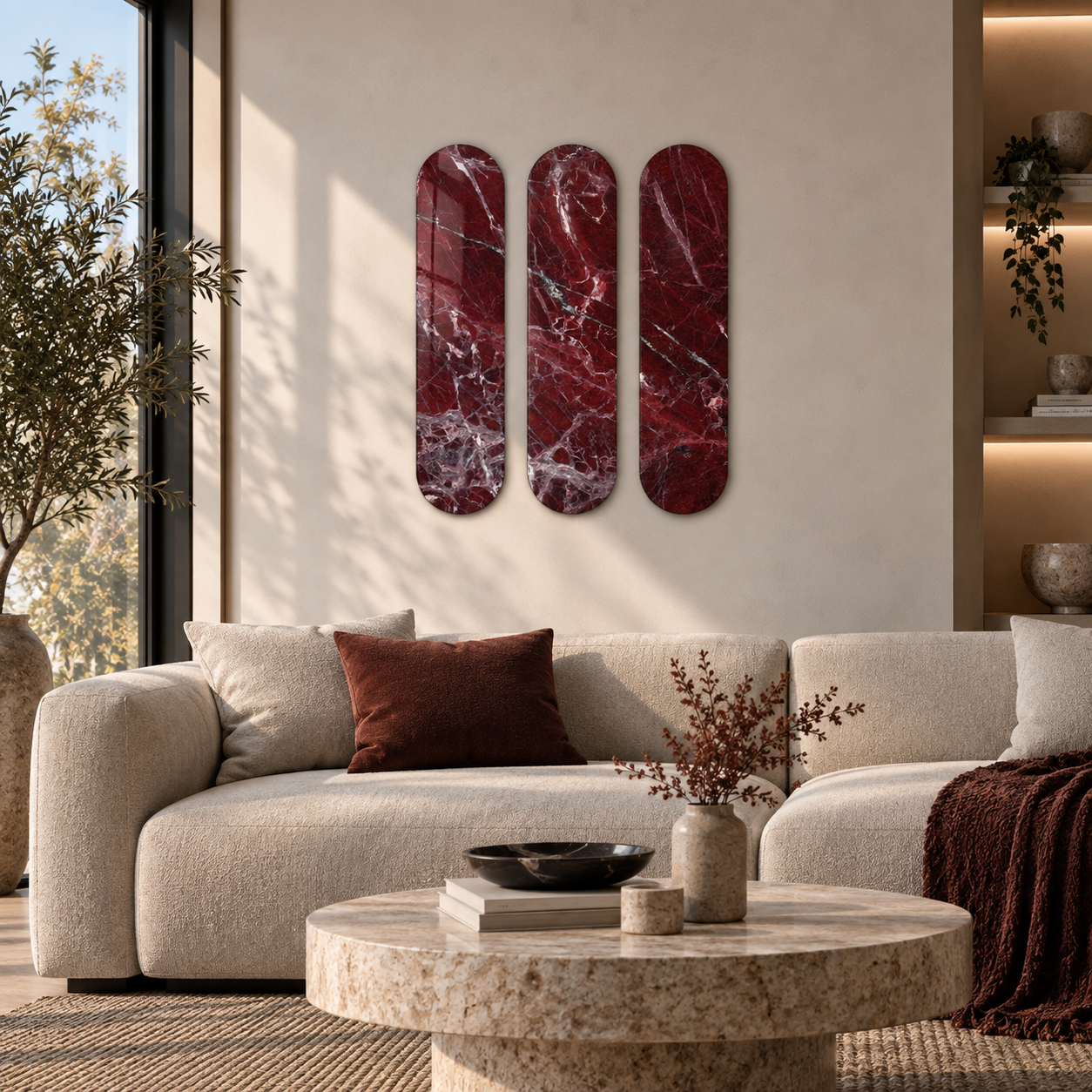 Crimson Marble Trio | Glass Wall Art