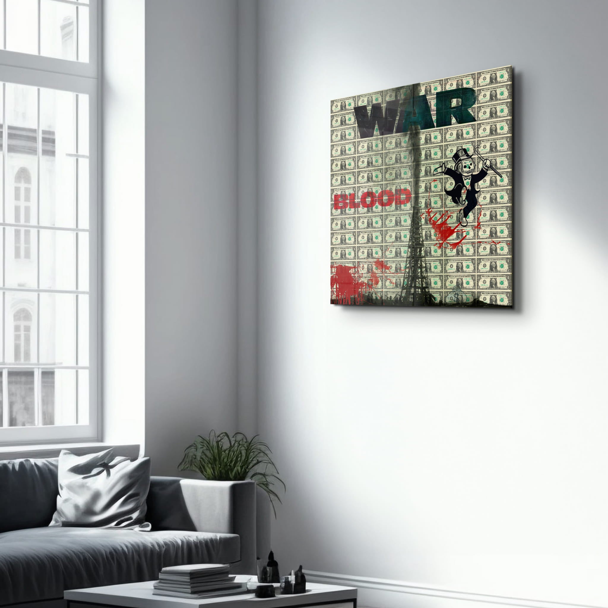 War & Money by Mr. Pablo Costa | Glass Wall Art