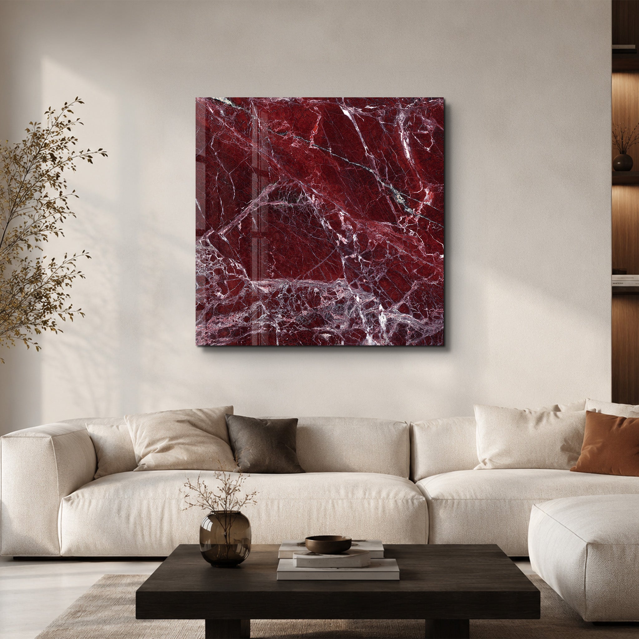 Crimson Veins Square Art | Glass Wall Art