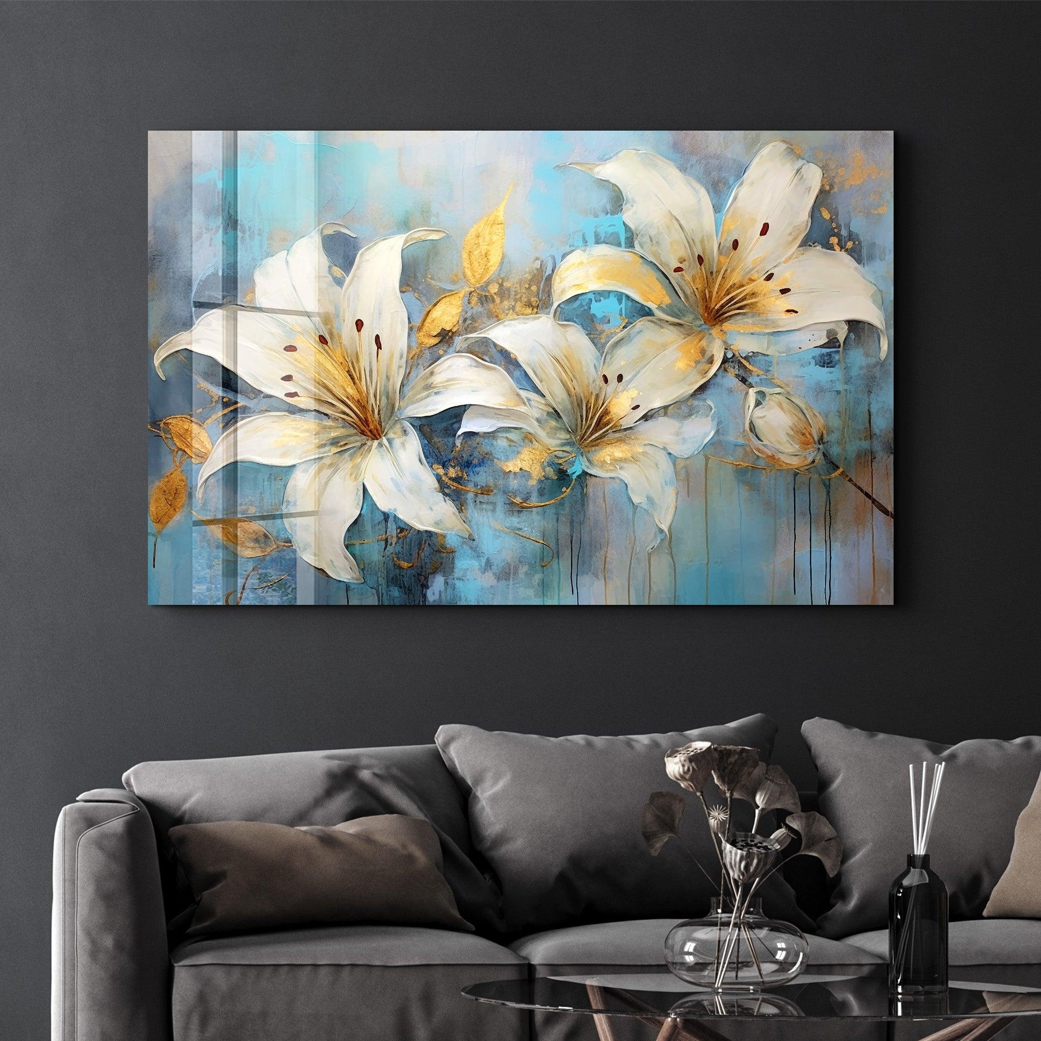 White Blooms | Glass Wall Art - Artdesigna