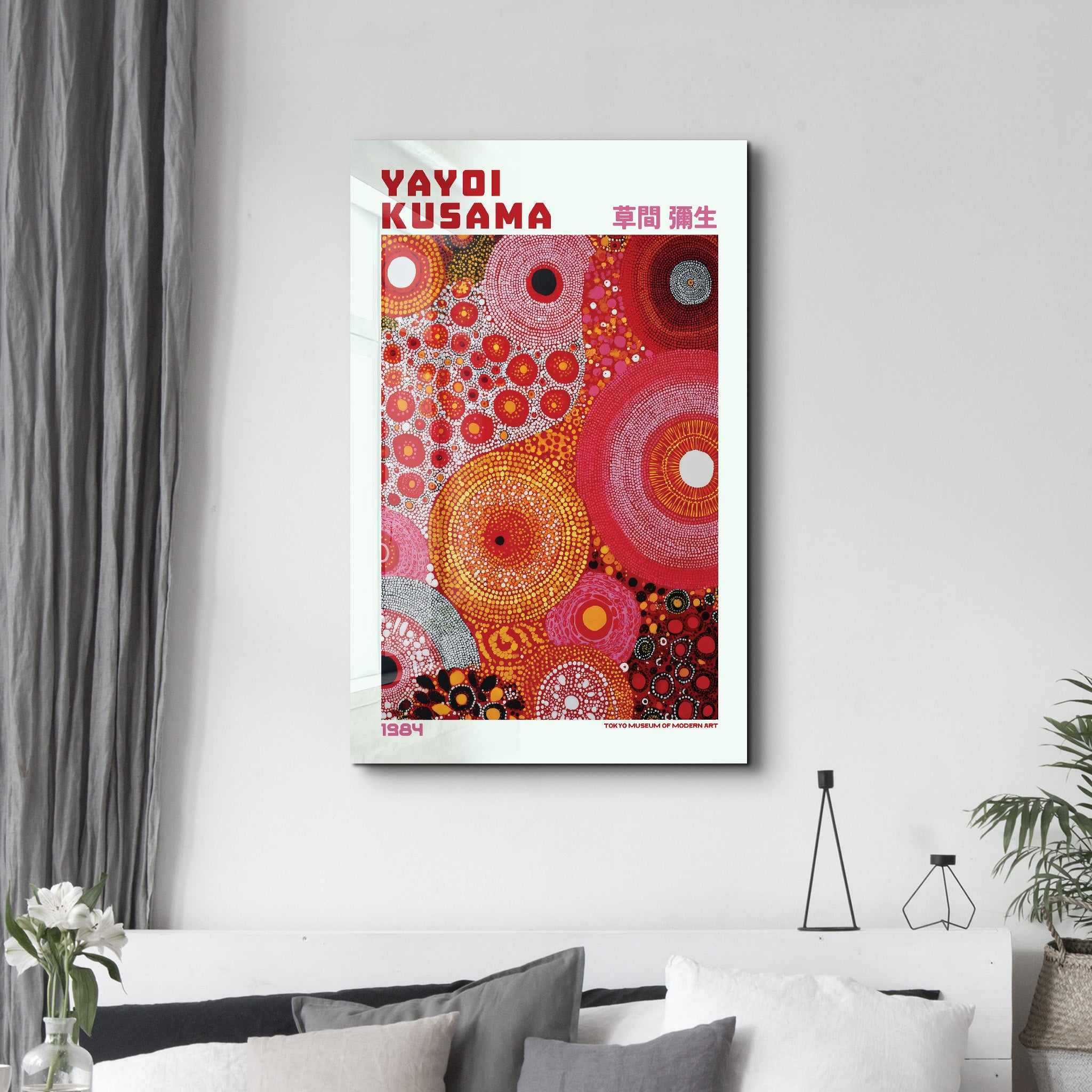 Yayoi Kusama Infinite Circles glass wall art by Artdesigna showcasing vibrant, circular patterns against a clear backdrop.