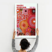 Yayoi Kusama glass wall art featuring vibrant infinite circles design, created in 1984 by Artdesigna.