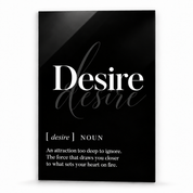 Desire Definition glass wall art by Artdesigna, black and white typography print