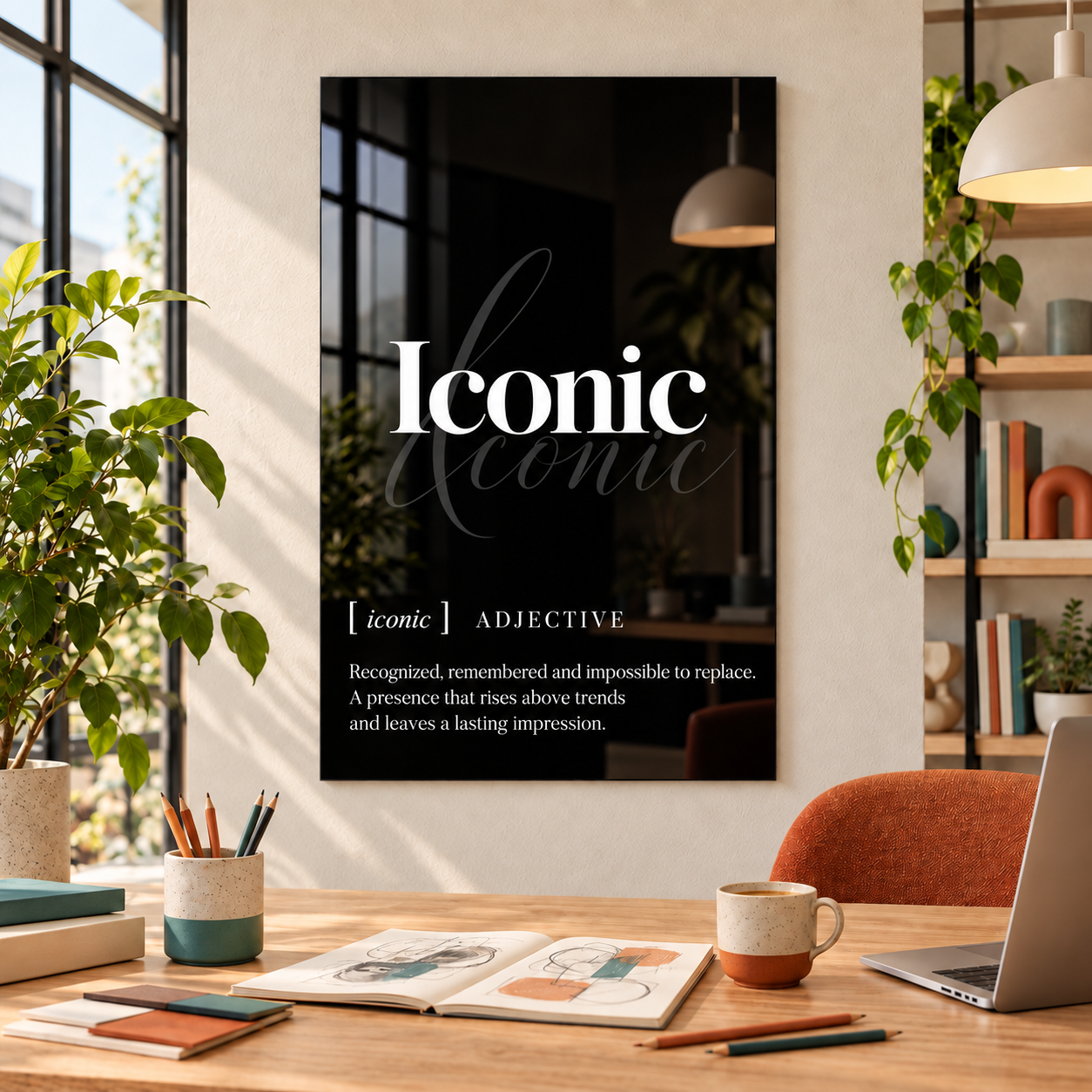 Iconic Definition glass wall art by Artdesigna, black and white typography print in a home office