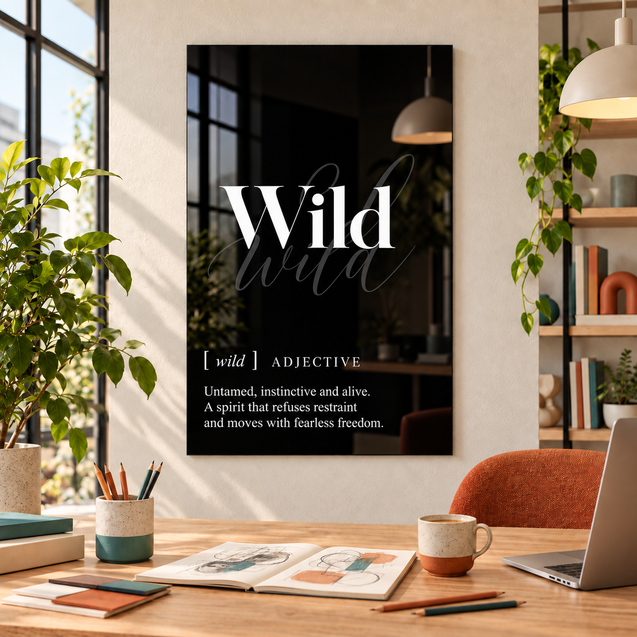 Wild Definition glass wall art by Artdesigna, black and white typography print in a home office