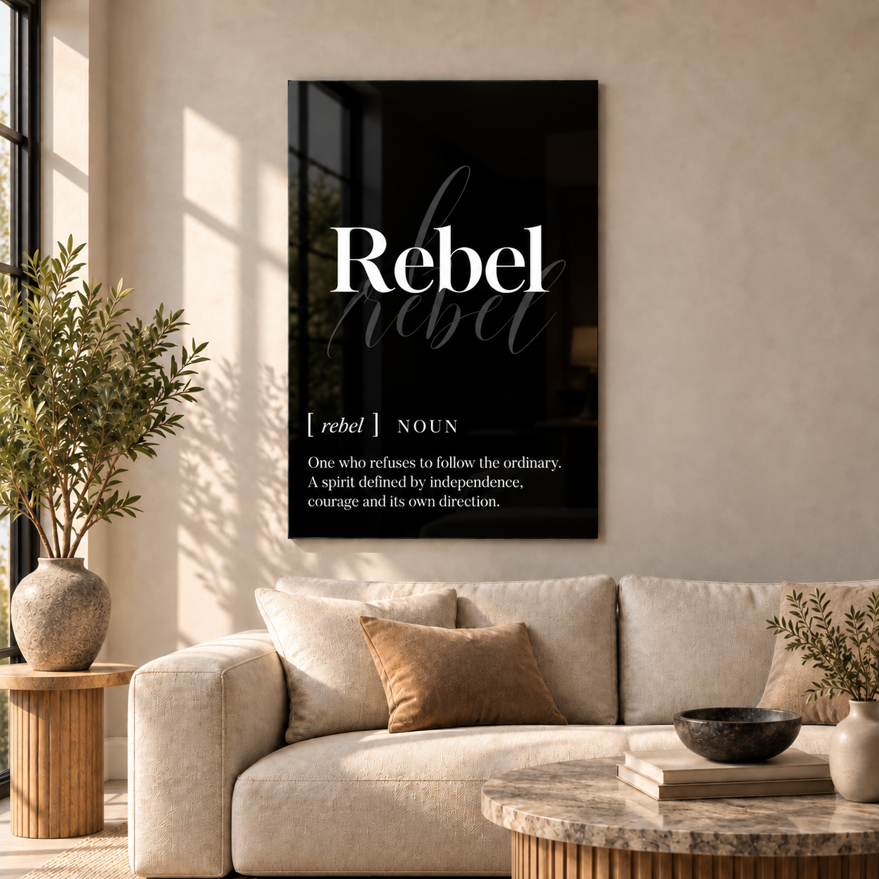 Rebel Definition glass wall art by Artdesigna, black and white typography print in a living room