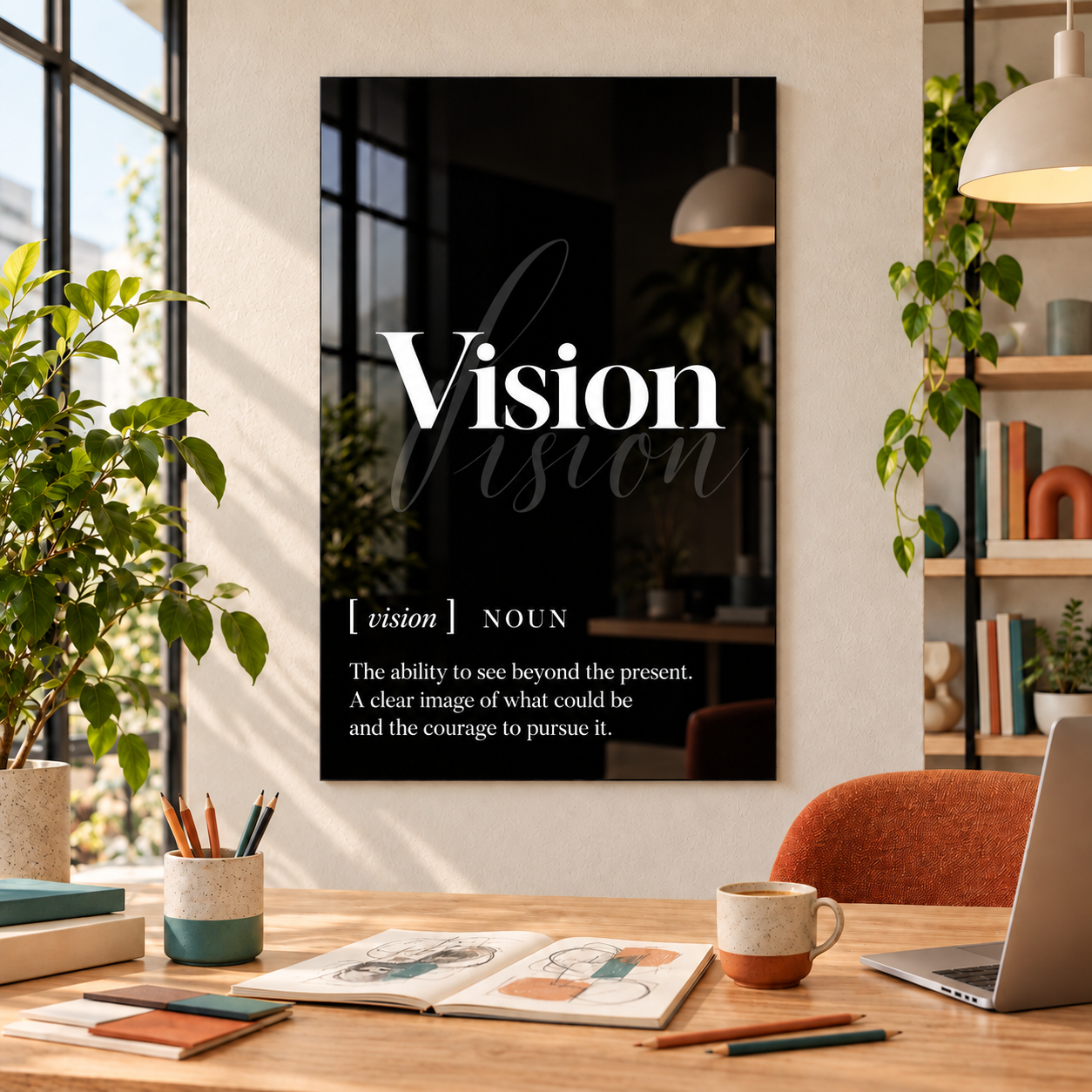 Vision Definition glass wall art by Artdesigna, black and white typography print in a home office