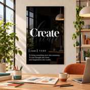 Create Definition glass wall art by Artdesigna, black and white typography print in a home office