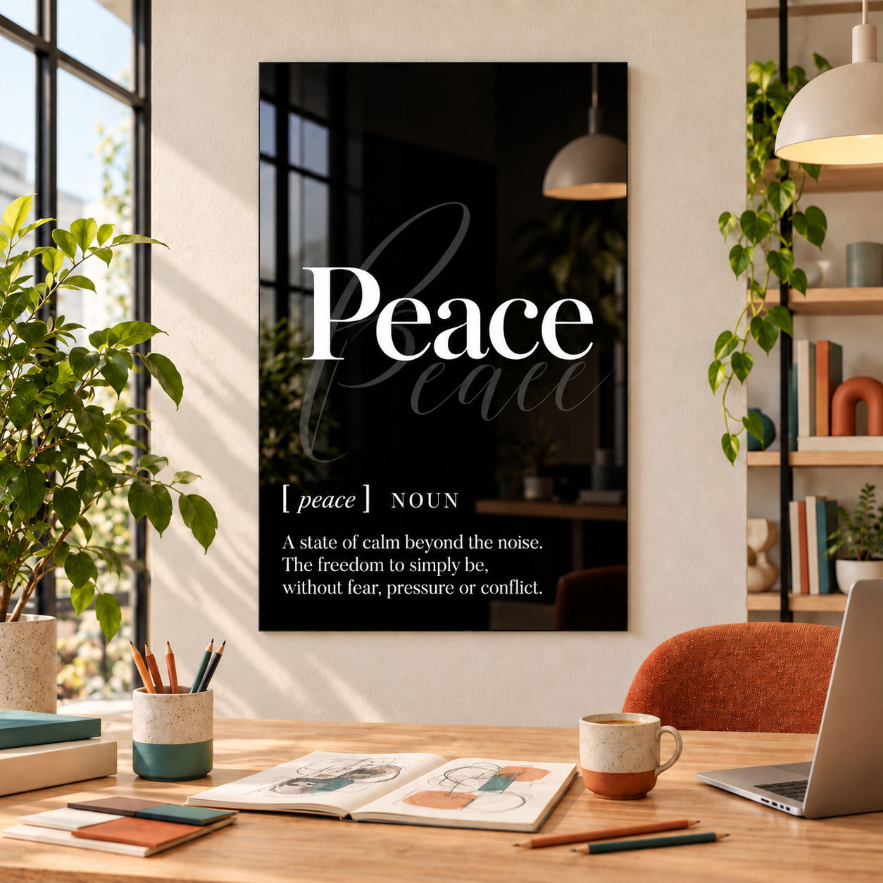 Peace Definition glass wall art by Artdesigna, black and white typography print in a home office