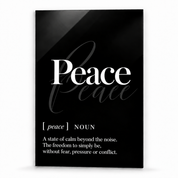 Peace Definition glass wall art by Artdesigna, black and white typography print