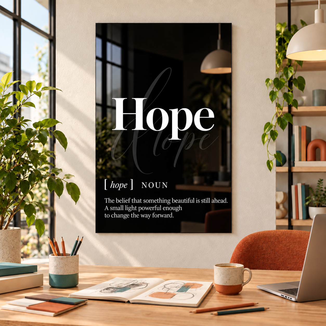 Hope Definition glass wall art by Artdesigna, black and white typography print in a home office