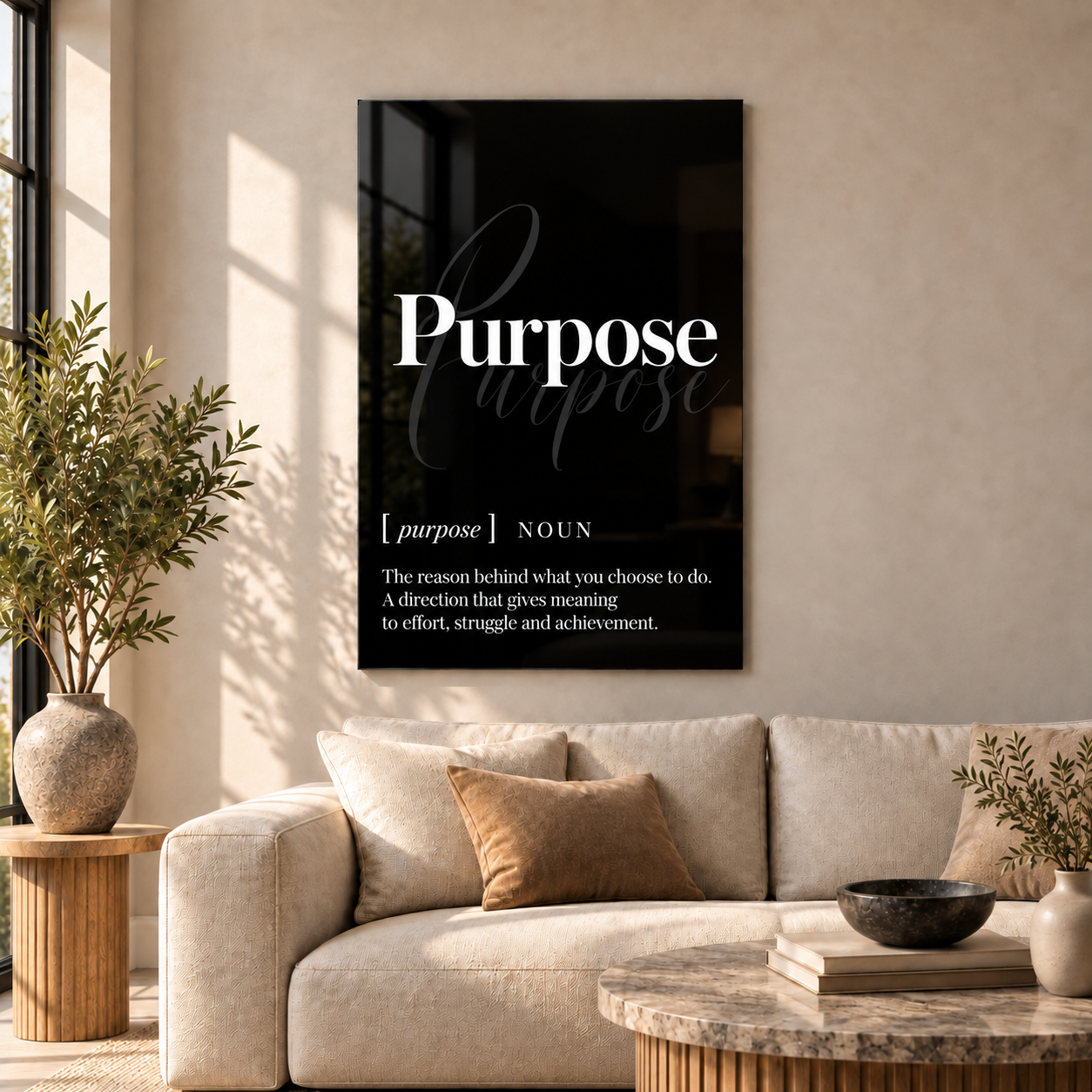 Purpose Definition glass wall art by Artdesigna, black and white typography print in a living room