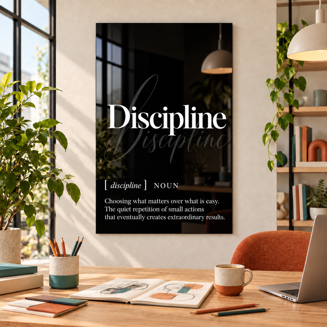 Discipline Definition glass wall art by Artdesigna, black and white typography print in a home office
