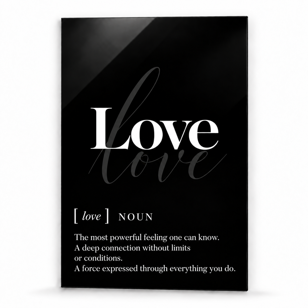 Love Definition glass wall art by Artdesigna, black and white typography print