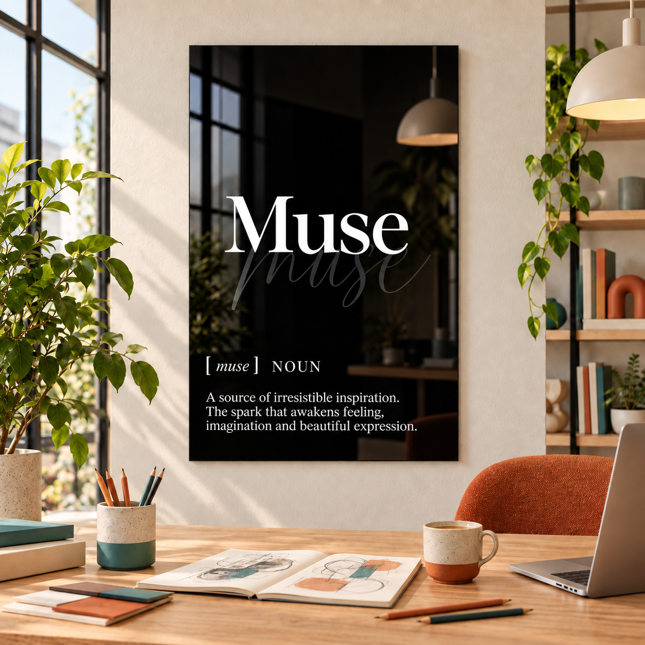 Muse Definition glass wall art by Artdesigna, black and white typography print in a home office