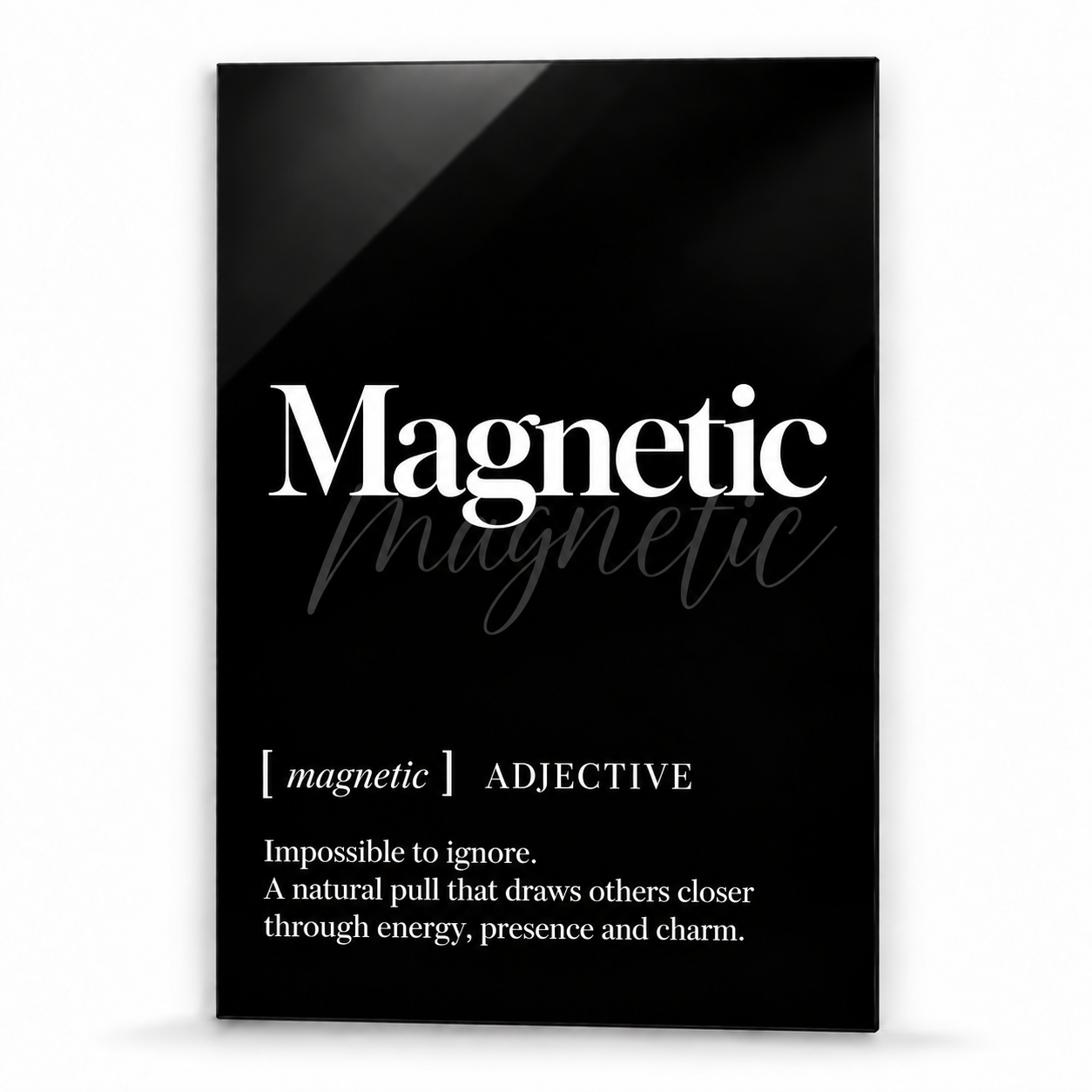 Magnetic Definition glass wall art by Artdesigna, black and white typography print