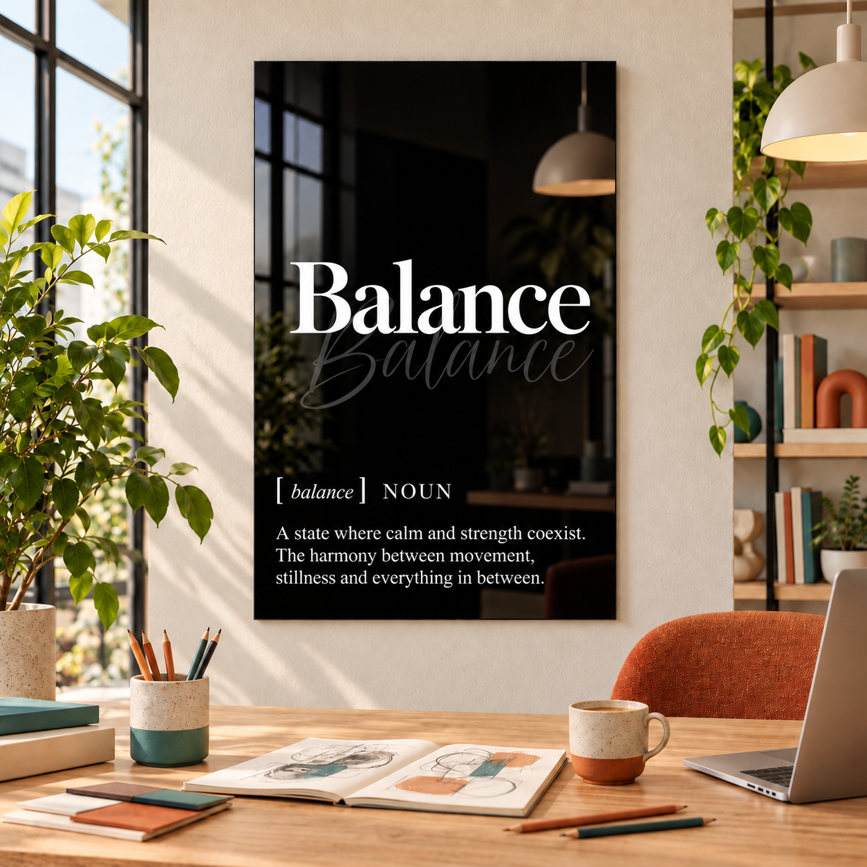 Balance Definition glass wall art by Artdesigna, black and white typography print in a home office