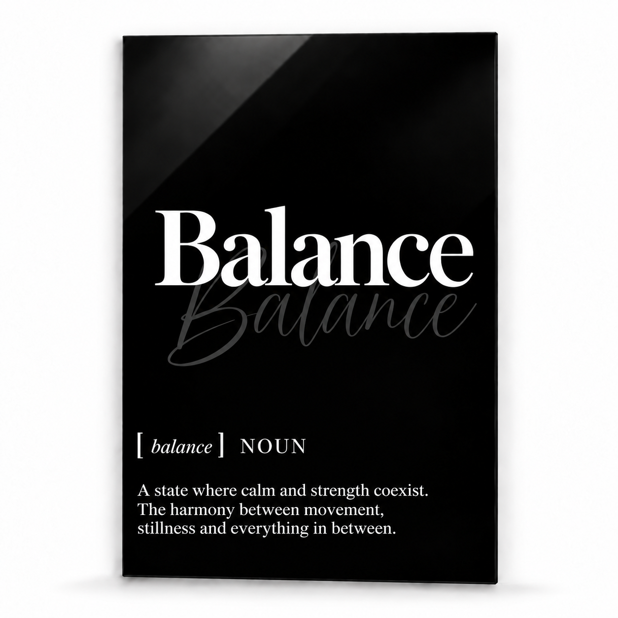 Balance Definition glass wall art by Artdesigna, black and white typography print