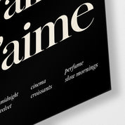 Close-up of Je T'aime glass wall art by Artdesigna featuring elegant lettering design