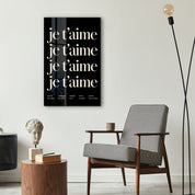 Artdesigna Je T'aime glass wall art displayed as elegant romantic decor in a stylish interior