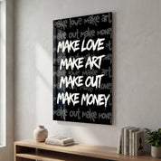 Make Love, Make Art glass wall art by Artdesigna with colorful abstract text design