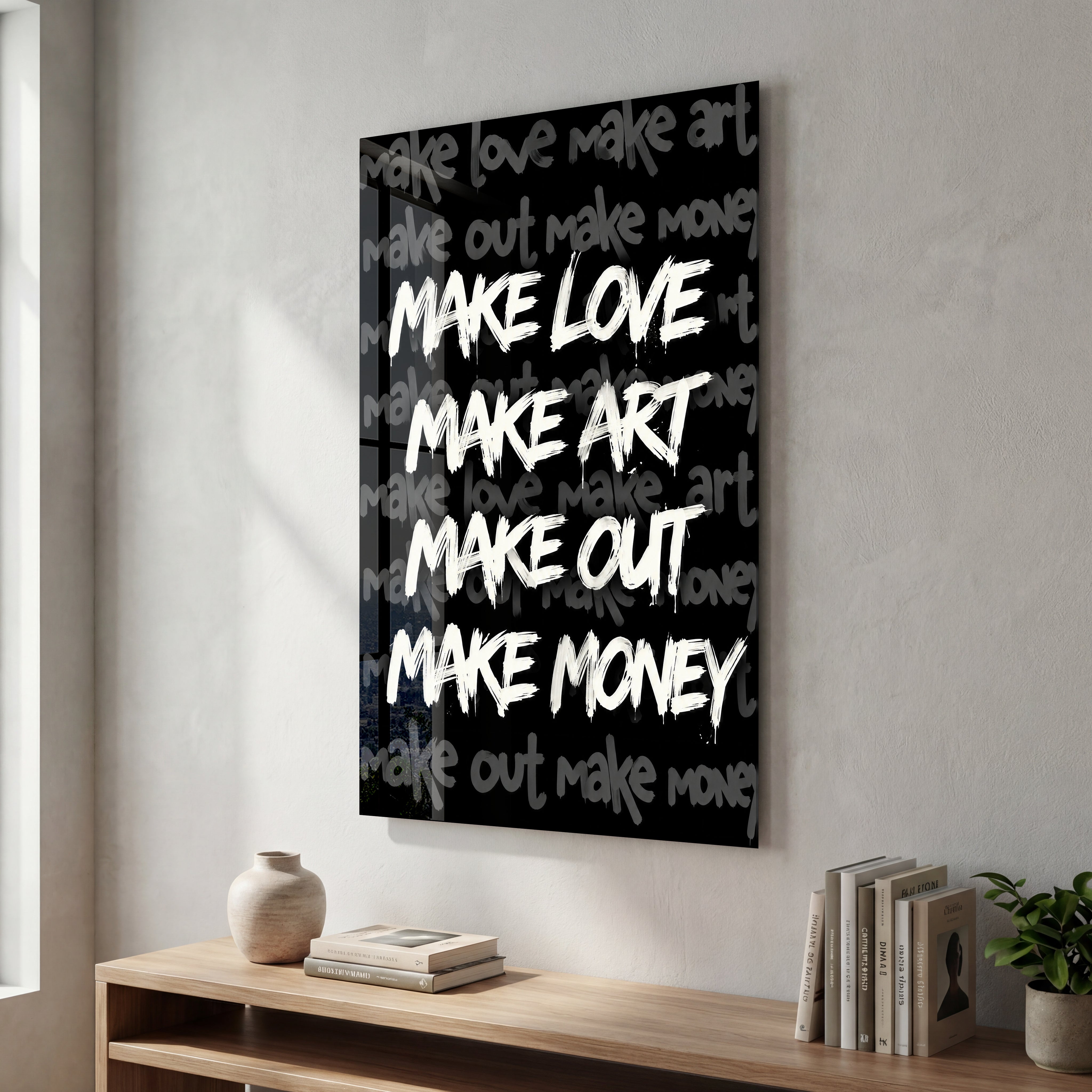 Make Love, Make Art glass wall art by Artdesigna with colorful abstract text design